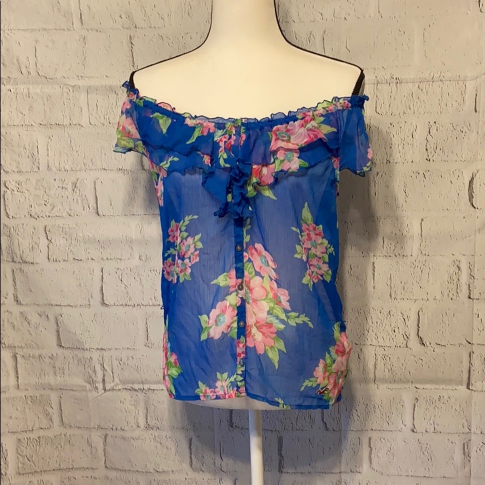 Hollister Sheer Floral Blue Blouse